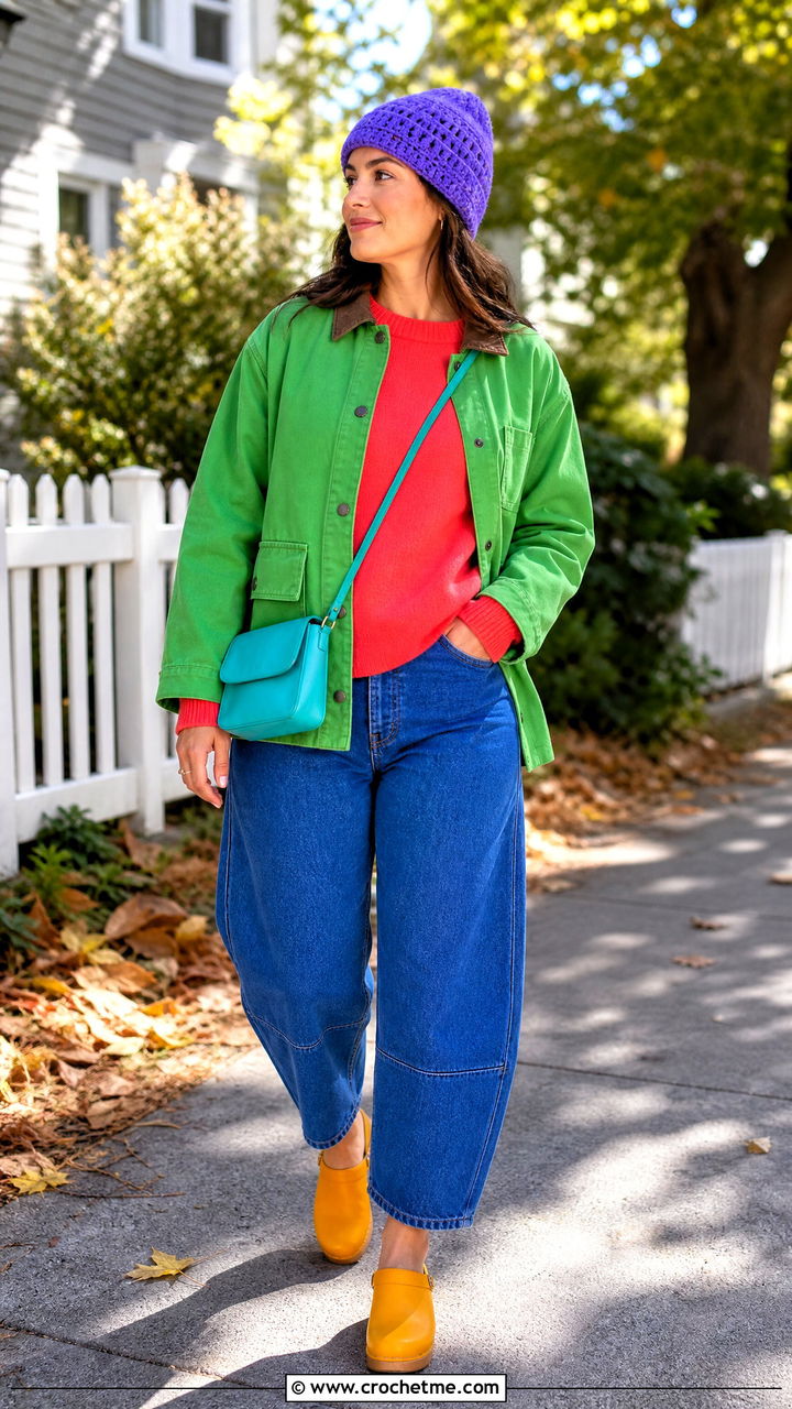 Crochet Beanie With Barn Jacket And Barrel Jeans - 35 crochet beanie outfit ideas