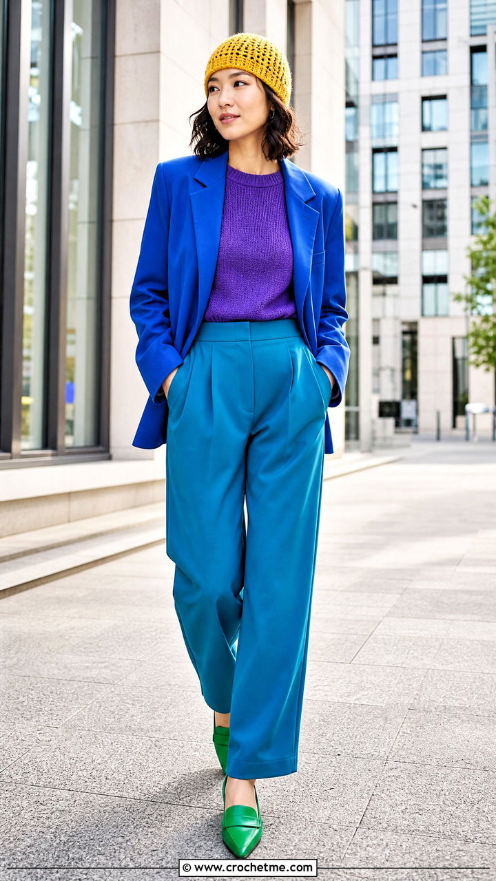 Crochet Beanie With Blazer And Wide Leg Trousers - 35 crochet beanie outfit ideas