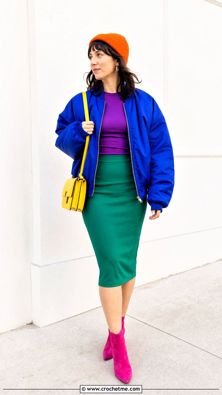 Crochet Beanie With Bomber Jacket And Pencil Skirt - 35 crochet beanie outfit ideas
