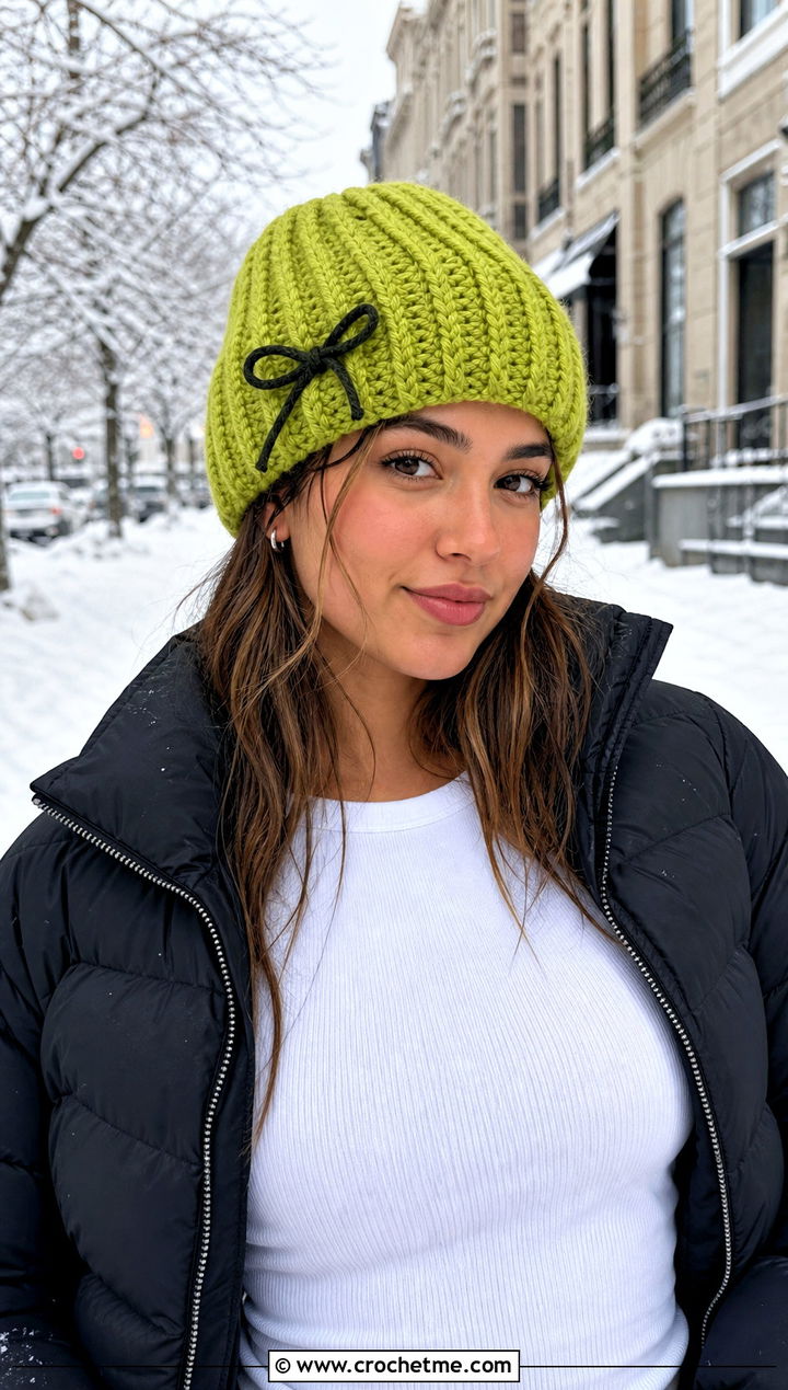 Crochet Beanie With Bow And Puffer Jacket - 20 Crochet Hat With Bow outfit ideas