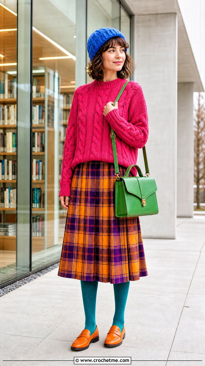 Crochet Beanie With Cable Sweater And Plaid Skirt - 35 crochet beanie outfit ideas