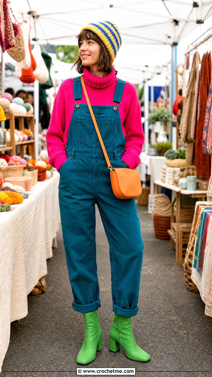 Crochet Beanie With Denim Overalls And Turtleneck - 35 crochet beanie outfit ideas