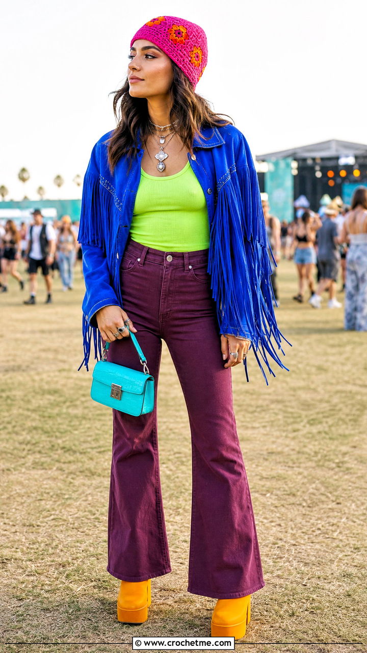Crochet Beanie With Fringe Jacket And Flared Jeans - 35 crochet beanie outfit ideas