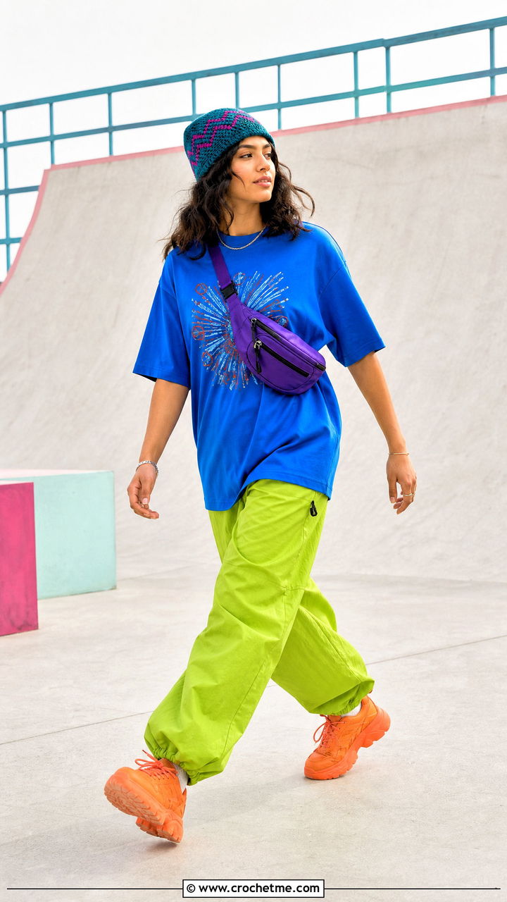Crochet Beanie With Graphic Tee And Parachute Pants - 35 crochet beanie outfit ideas