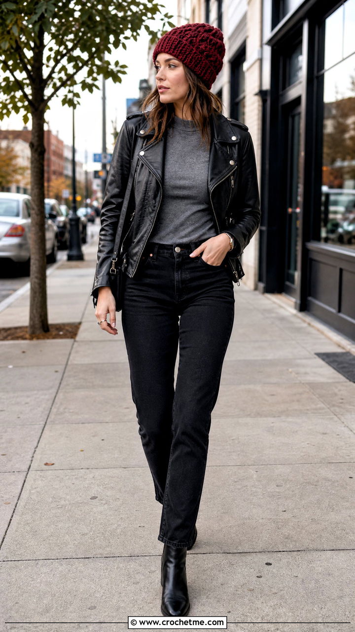 Crochet Beanie With Leather Jacket And Black Jeans - 35 crochet hat outfit ideas