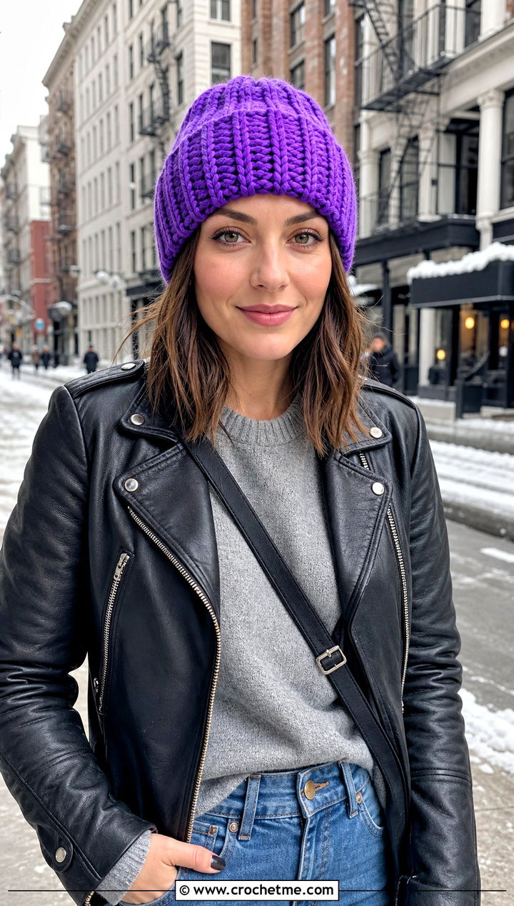 Crochet Beanie With Leather Jacket And Straight Leg Jeans - 25 Cool Crochet Hat outfit ideas