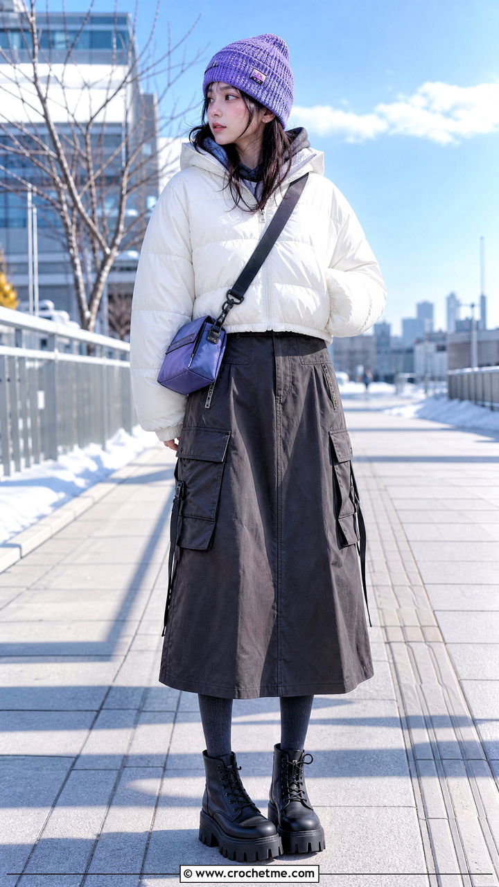 Crochet Beanie With Puffer Jacket And Cargo Skirt - 35 anime crochet clothes and outfit ideas