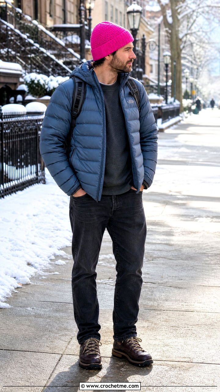 Crochet Beanie With Puffer Jacket - 35 crochet outfits for men outfit ideas