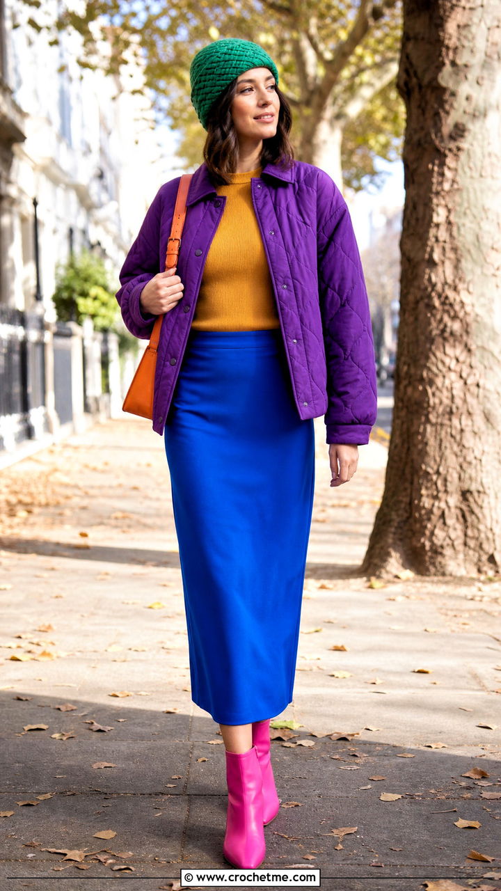 Crochet Beanie With Quilted Jacket And Midi Skirt - 35 crochet beanie outfit ideas