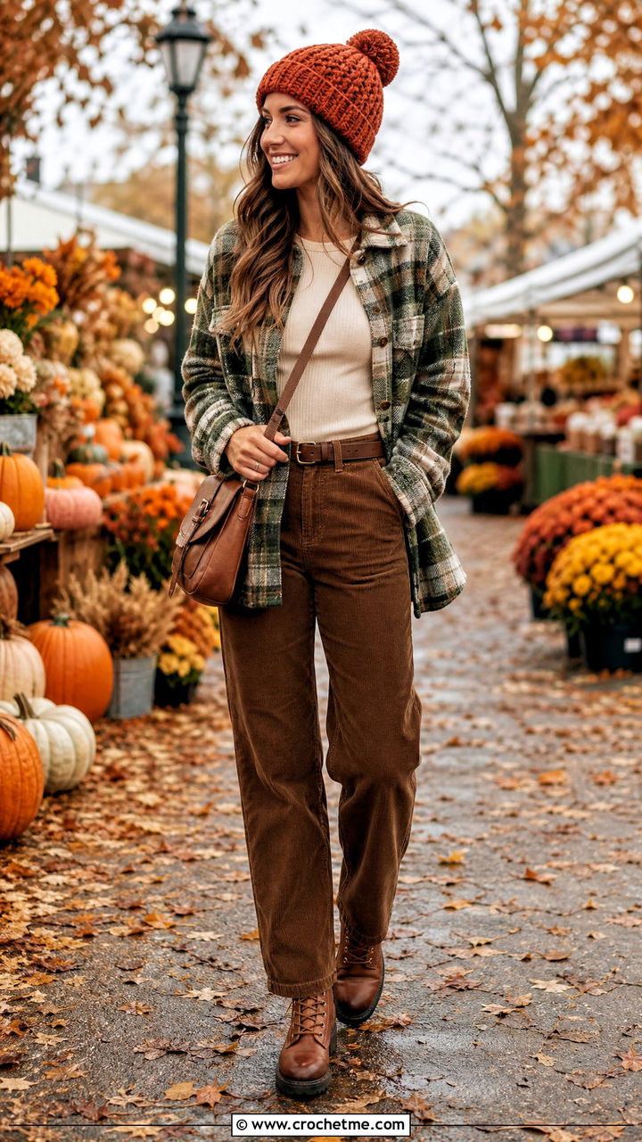 Crochet Beanie With Shacket And Corduroy Pants - 35 crochet hat outfit ideas