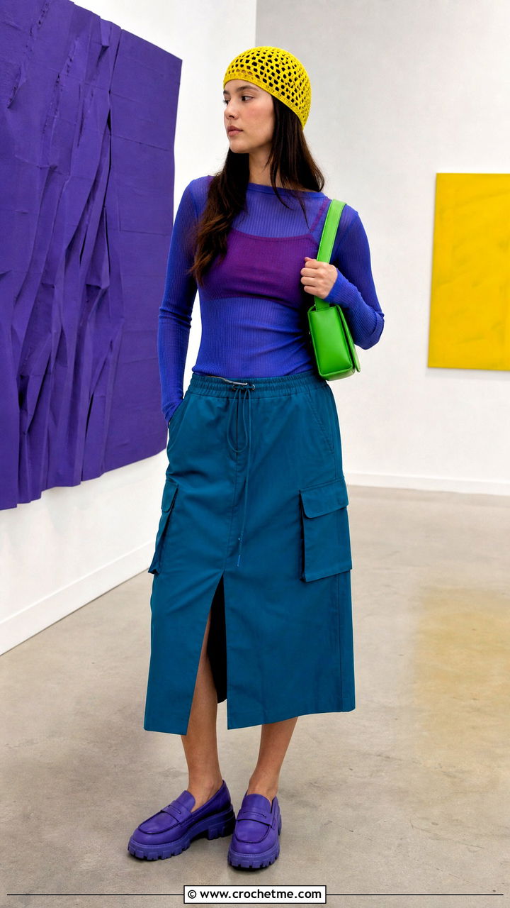 Crochet Beanie With Sheer Top And Cargo Skirt - 35 crochet beanie outfit ideas