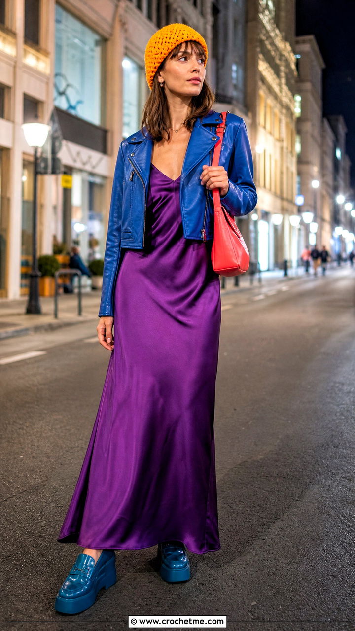 Crochet Beanie With Slip Dress And Moto Jacket - 35 crochet beanie outfit ideas