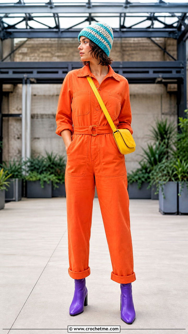 Crochet Beanie With Utility Jumpsuit And Boots - 35 crochet beanie outfit ideas