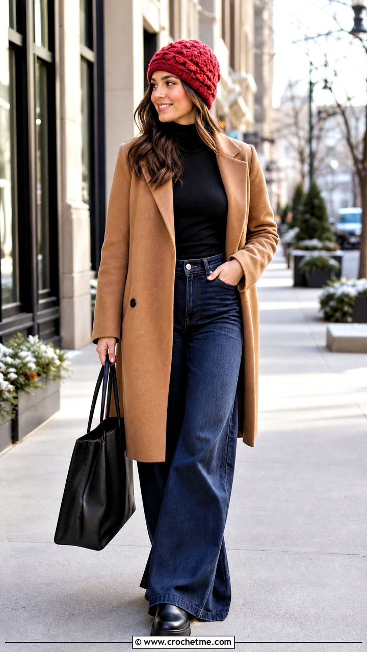 Crochet Beanie With Wool Coat And Wide Leg Jeans - 35 crochet hat outfit ideas