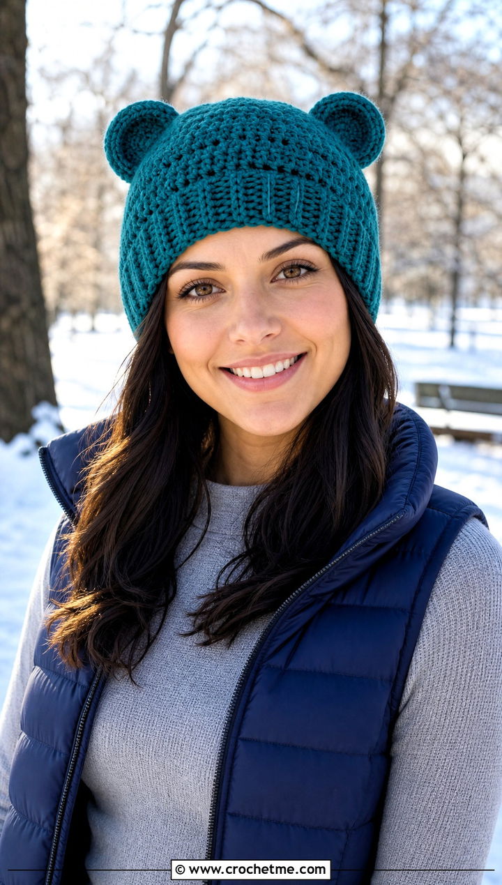 Crochet Bear Ear Beanie With Puffer Vest - 20 Crochet Character Hat outfit ideas