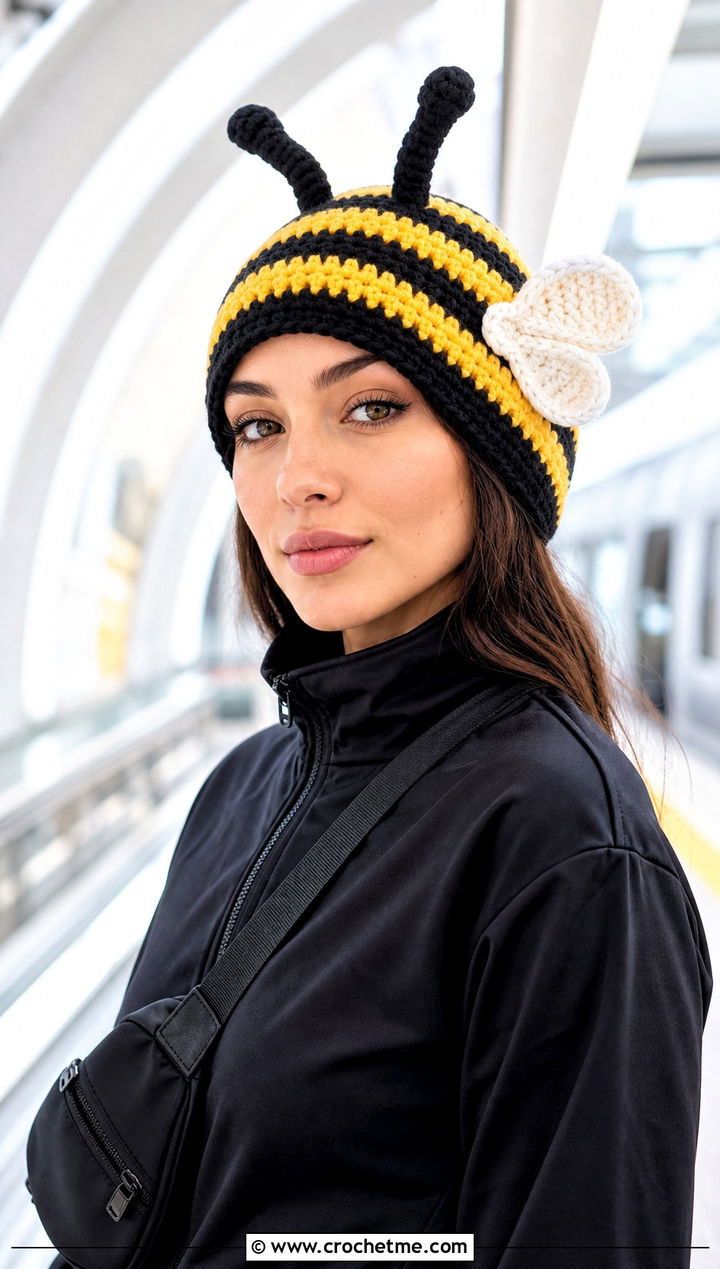 Crochet Bee Amigurumi Hat With Sporty Tracksuit - 30 crochet amigurumi hat outfit ideas