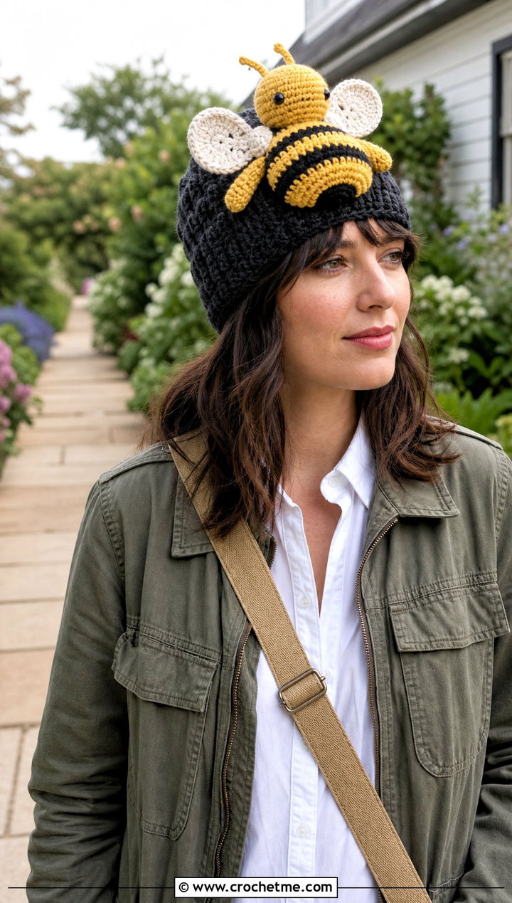 Crochet Bee Hat Topper With Utility Jacket Outfit - 20 Crochet Hat Toppers Ideas