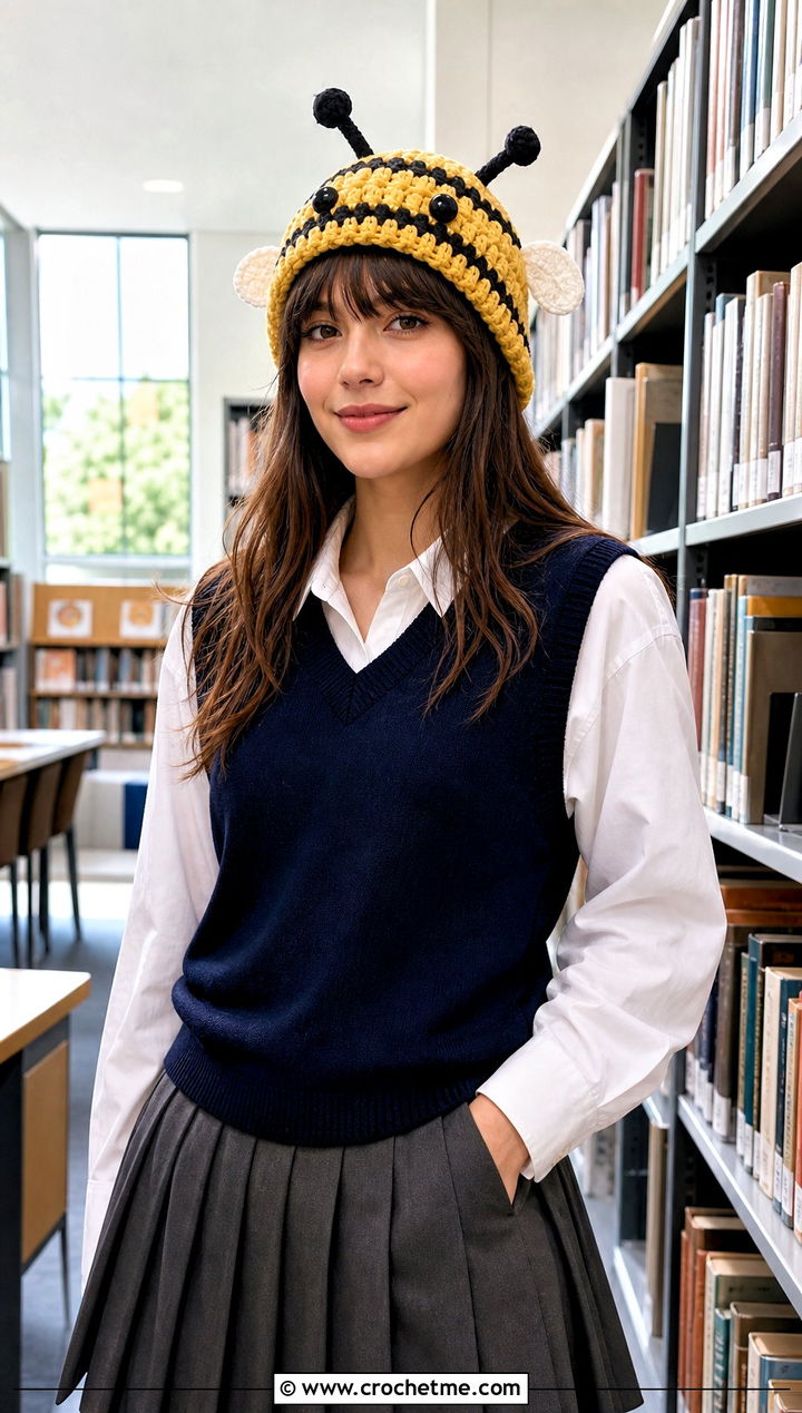 Crochet Bee Hat With Sweater Vest And Pleated Skirt - 25 Crochet Silly Hats outfit ideas