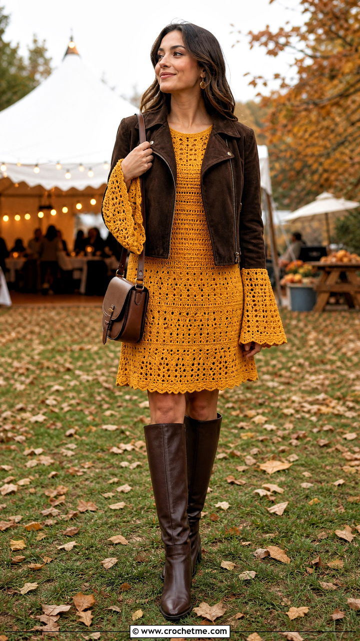 Crochet Bell Sleeve Dress With Suede Jacket - 35 crochet dress ideas