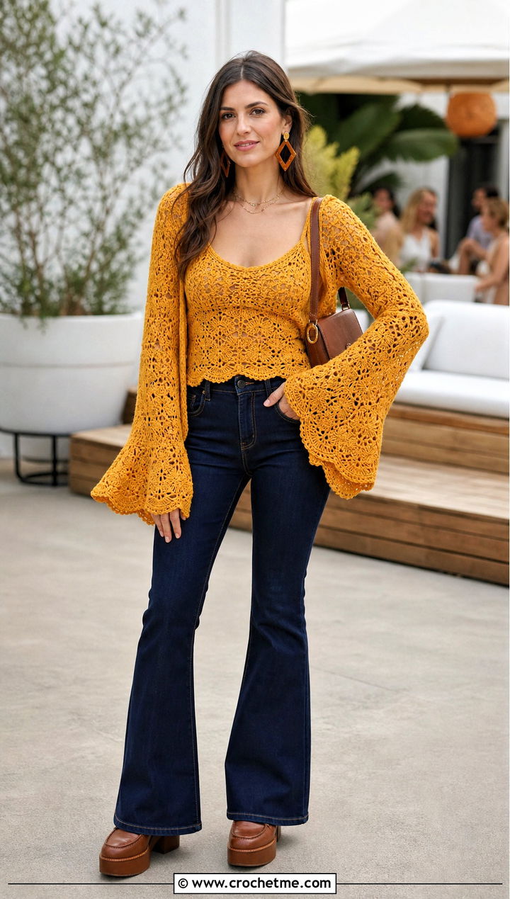 Crochet Bell Sleeve Sweater Set With Flared Jeans - 25 Crochet Sweater Set outfit ideas