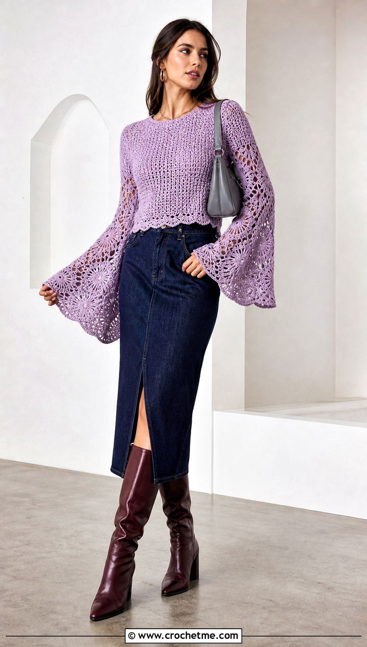 Crochet Bell Sleeve Top With Denim Midi Skirt - 30 crochet knitted top outfit ideas