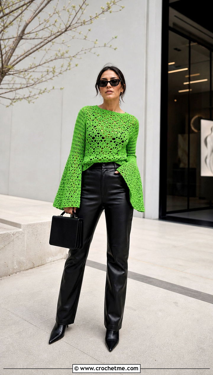 Crochet Bell Sleeve Top With Leather Pants - 25 Crochet Spring Top outfit ideas
