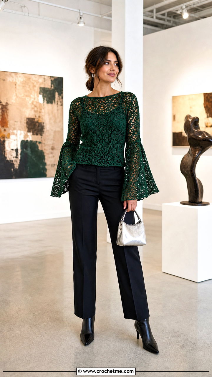 Crochet Bell Sleeve Top With Straight Trousers - 35 autumn crochet clothes and outfit ideas