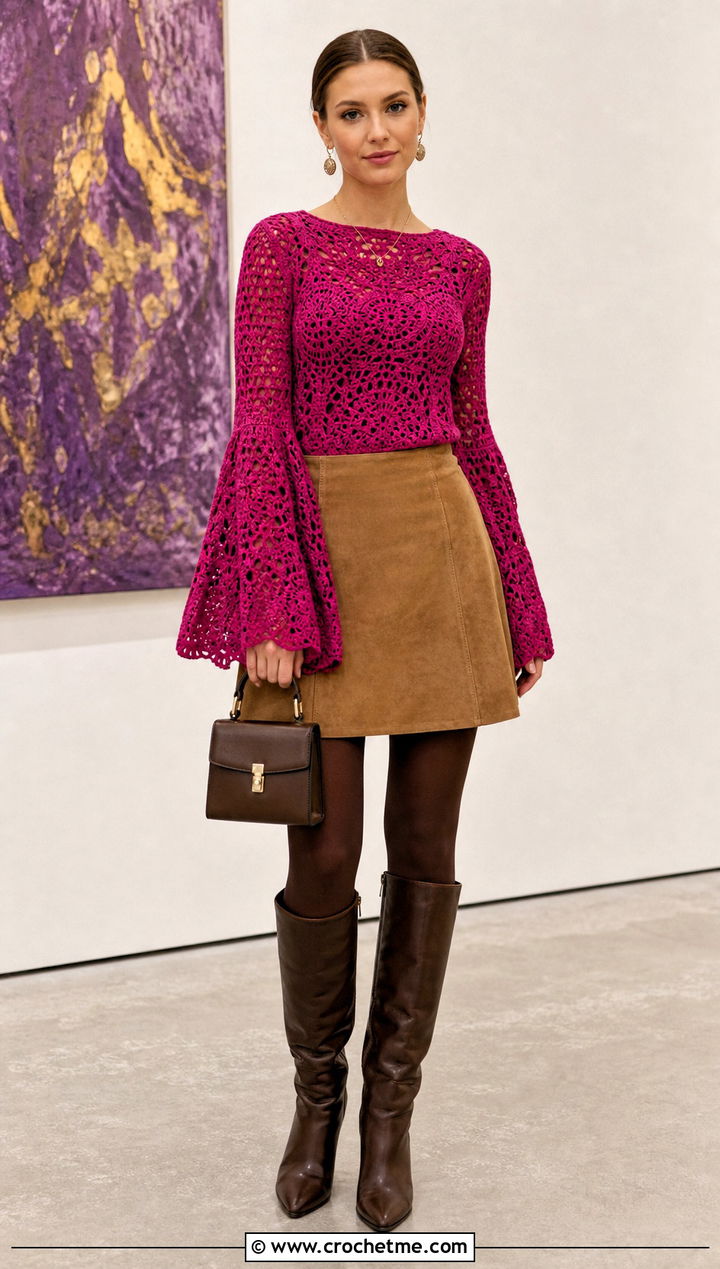 Crochet Bell Sleeve Top With Suede Mini Skirt - 25 Women's Crochet Tops outfit ideas