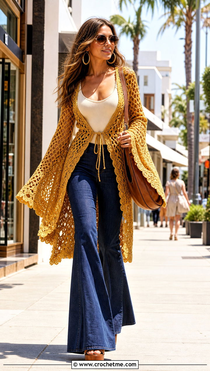 Crochet Bell Sleeve Tunic Cover Up With Flared Jeans - 35 crochet summer cover up outfit ideas