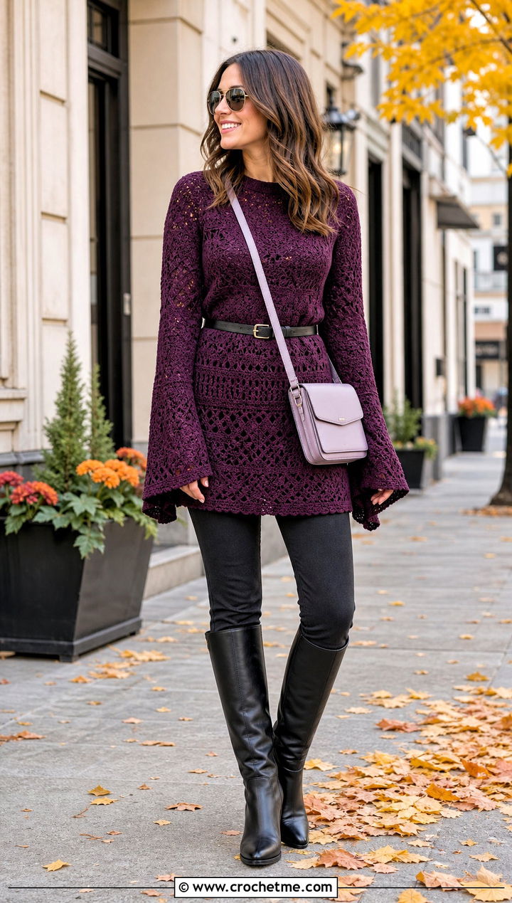 Crochet Bell Sleeve Tunic Sweater With Knee High Boots - 25 Crochet Sweater With Bell Sleeves outfit ideas