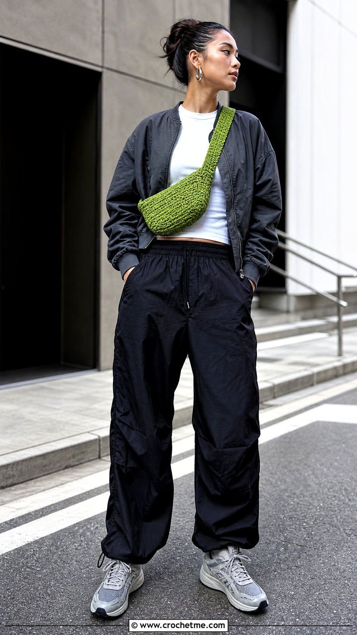 Crochet Belt Bag With Bomber Jacket - 35 crochet bag outfit ideas
