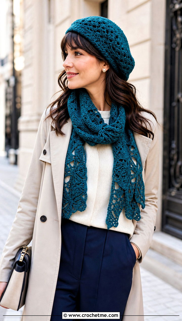 Crochet Beret And Lace Scarf With Trench Coat - 25 crochet hat scarf outfit ideas