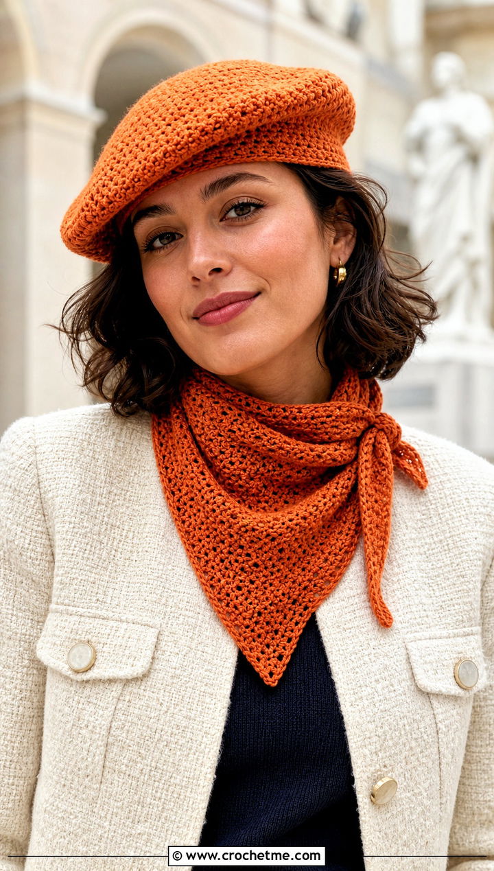 Crochet Beret And Neckerchief Scarf With Tweed Jacket - 25 crochet scarf hat combo outfit ideas