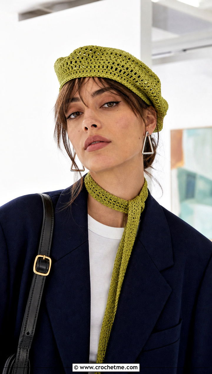 Crochet Beret And Skinny Scarf Set With Blazer - 25 Crochet Scarf And Hat Set outfit ideas
