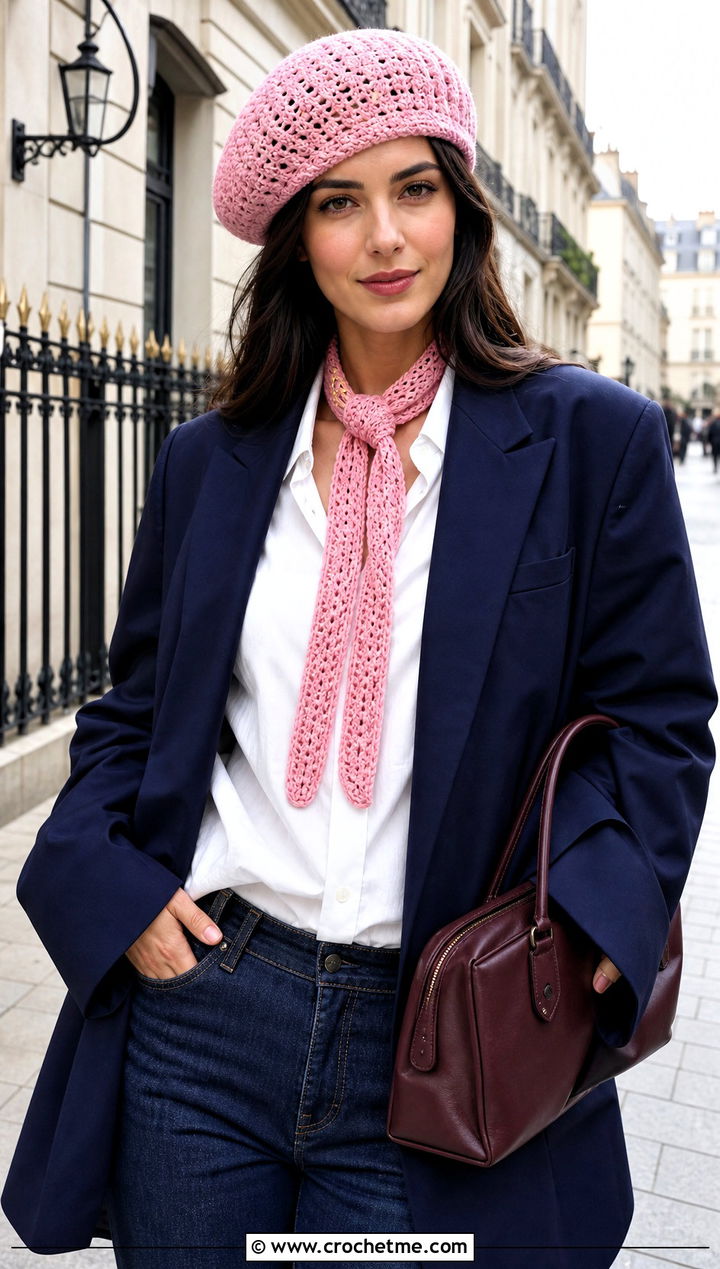 Crochet Beret And Skinny Scarf With Blazer And Jeans - 15 Crochet Scarf Hat outfit ideas