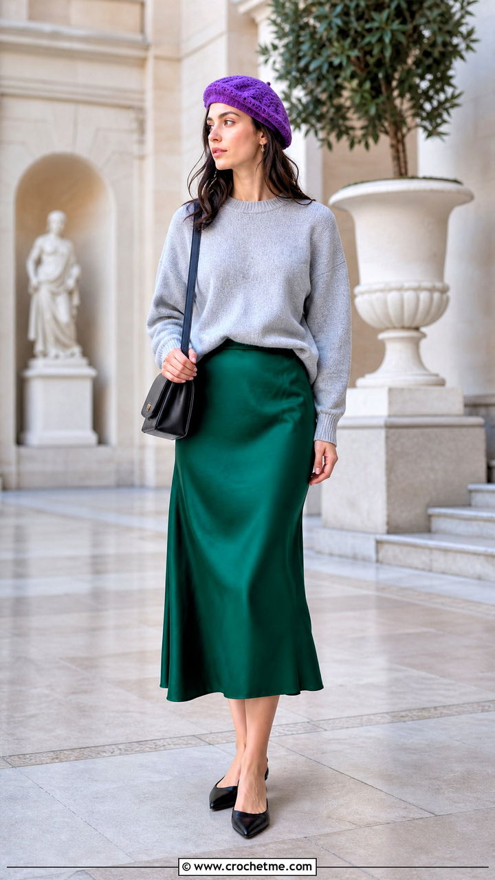 Crochet Beret Cap With Sweater And Midi Skirt - 35 crochet cap outfit ideas