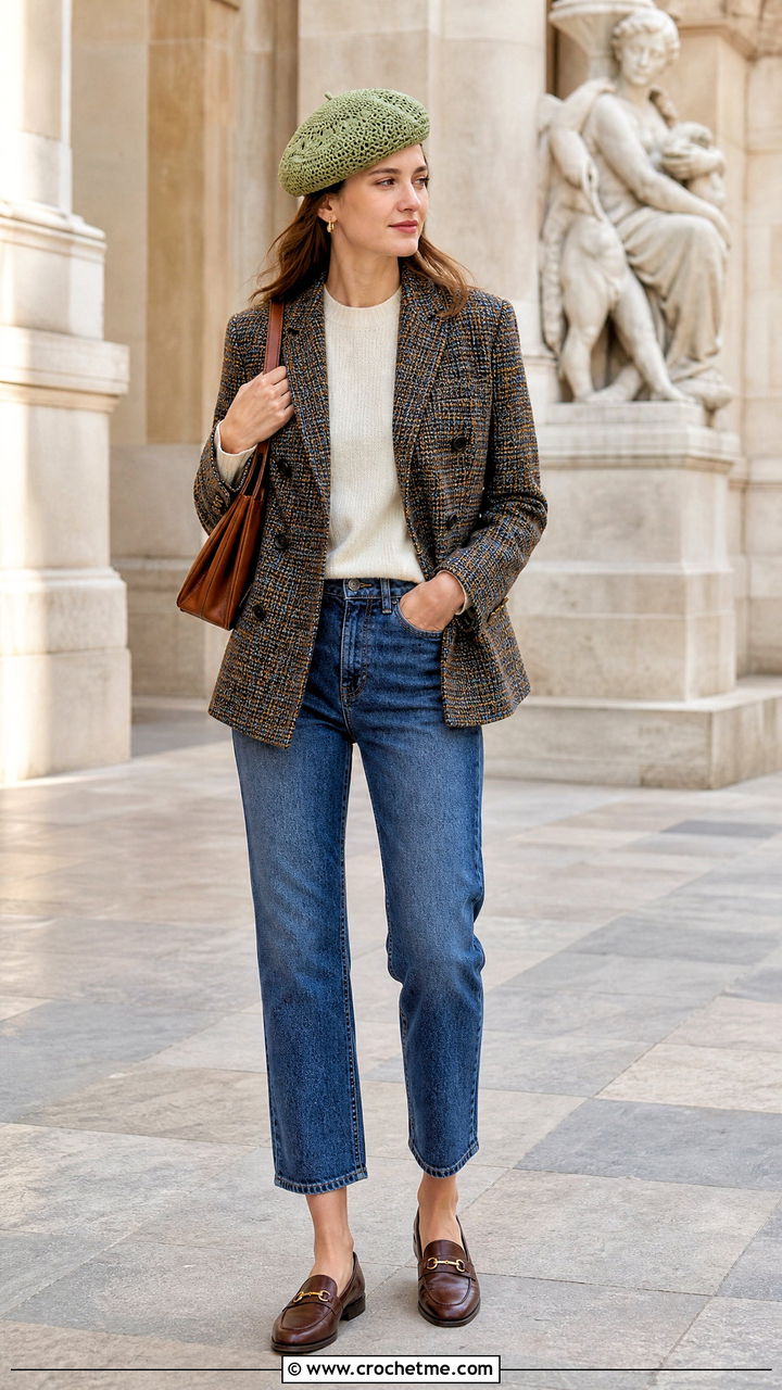 Crochet Beret Cap With Tweed Jacket And Jeans - 35 crochet caps outfit ideas