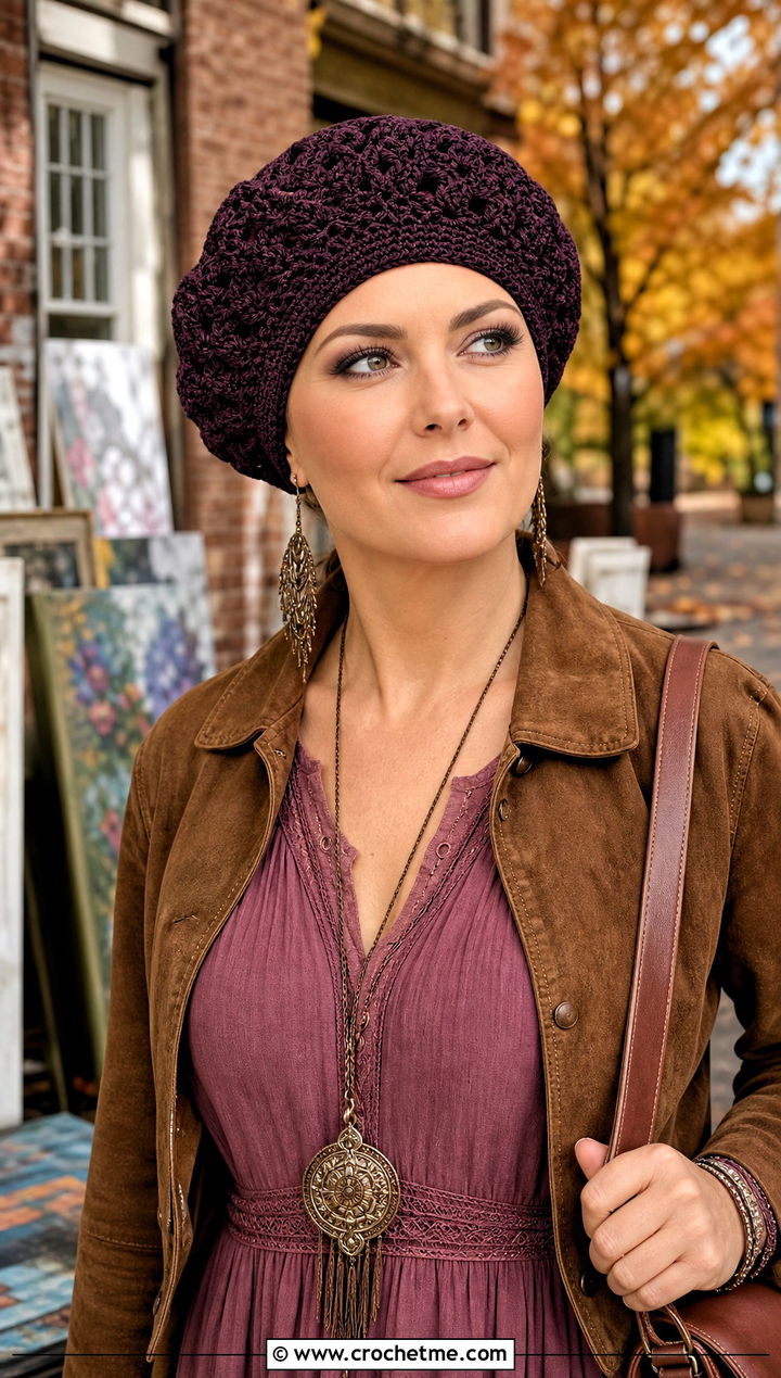 Crochet Beret Chemo Cap With Boho Maxi Outfit - 30 crochet chemo hat outfit ideas