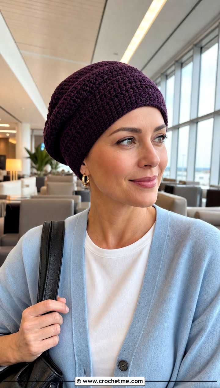 Crochet Beret Chemo Hat With Travel Outfit - 20 Easy Crochet Chemo Hats outfit ideas