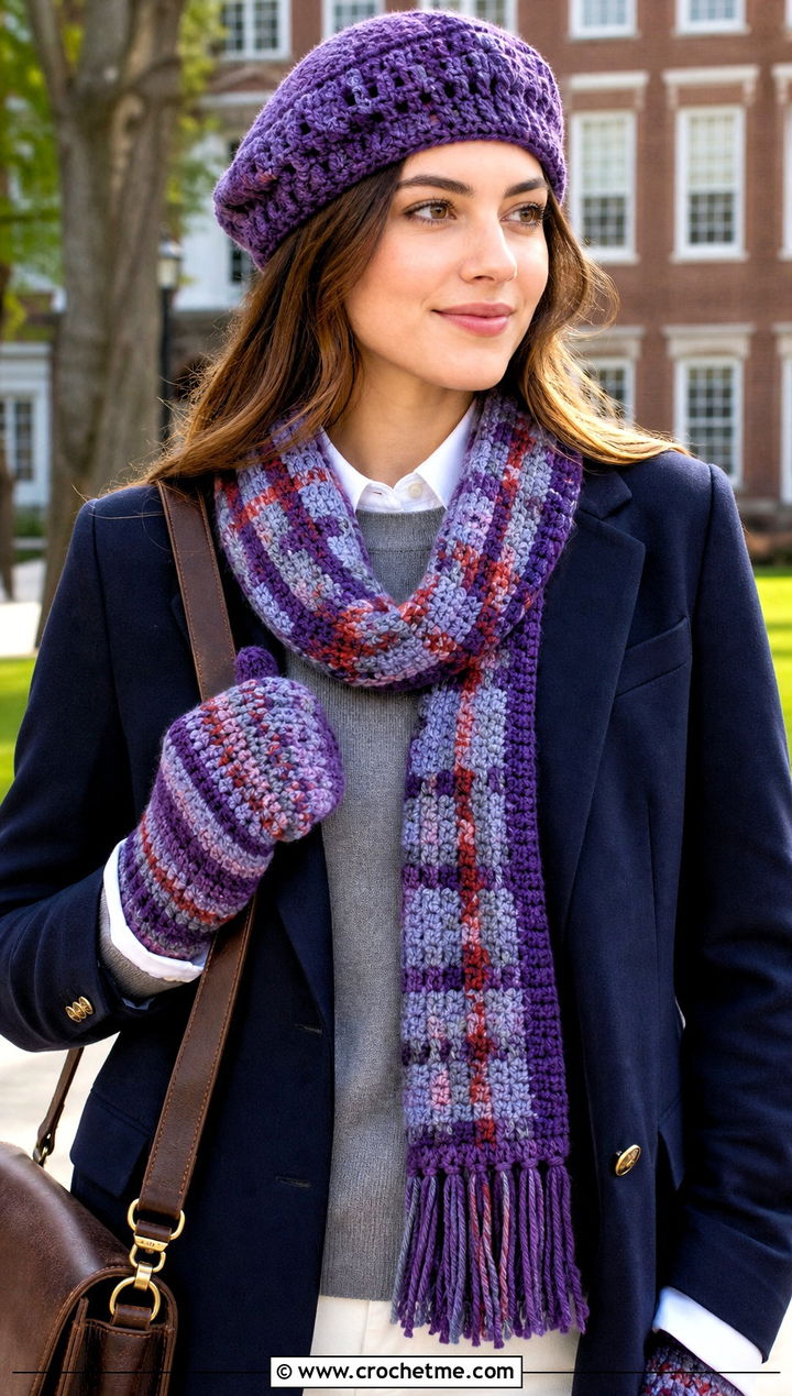Crochet Beret Plaid Scarf And Gloves With Preppy Outfit - 25 crochet hat scarf gloves set outfit ideas