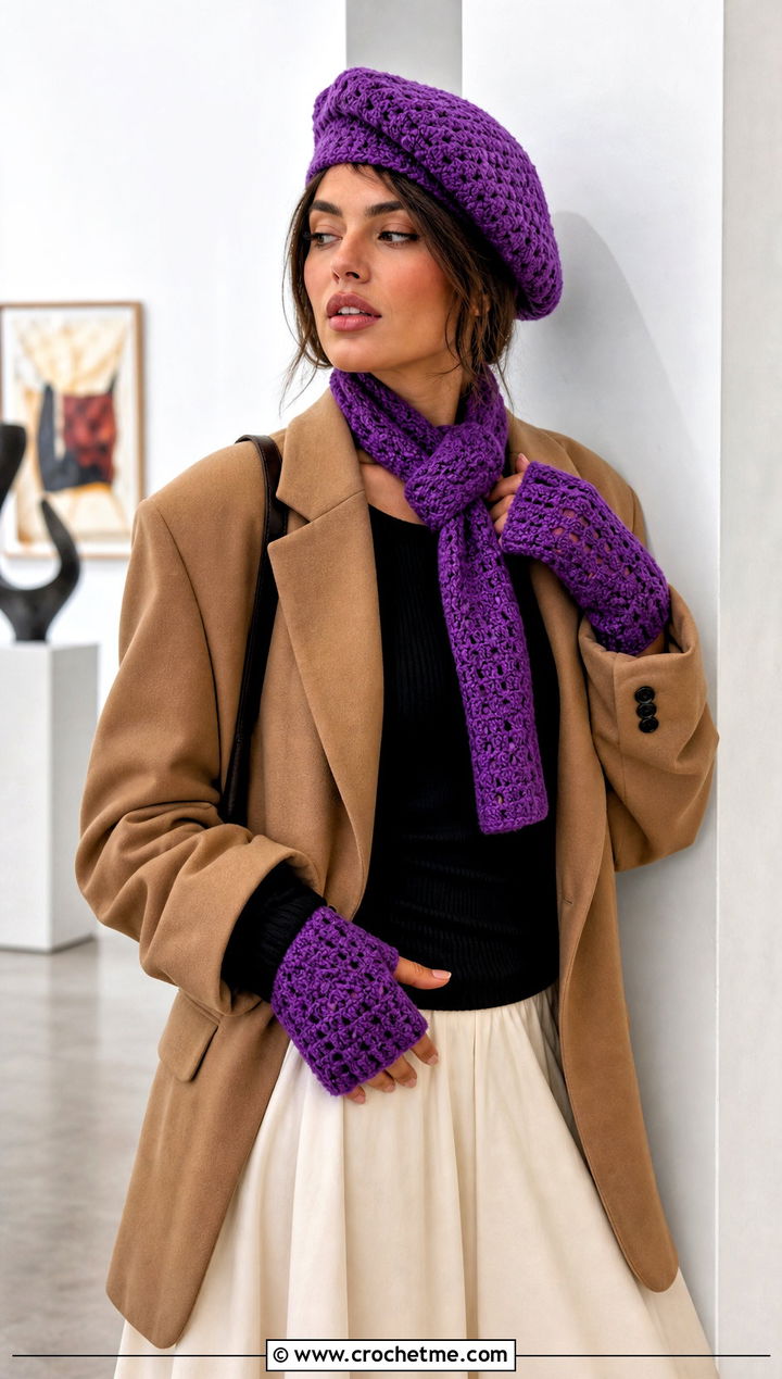 Crochet Beret Set With Blazer And Maxi Skirt - 20 Crochet Hat Mittens Scarf Set outfit ideas