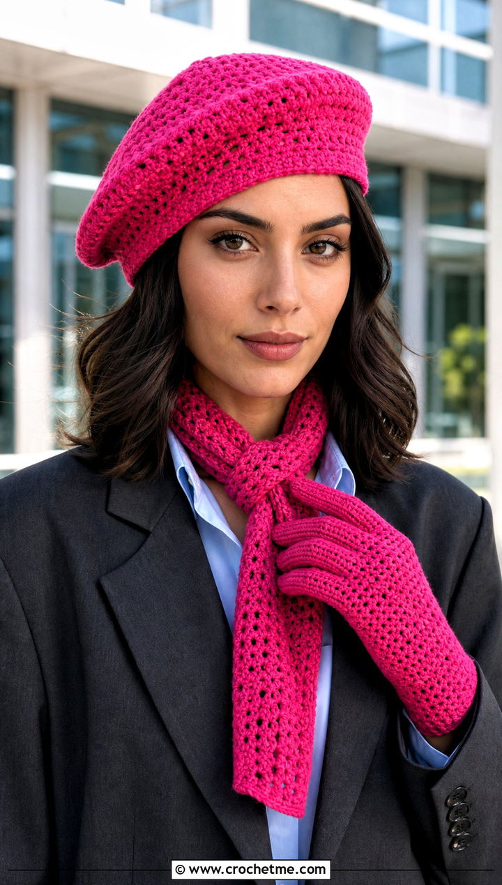 Crochet Beret Skinny Scarf And Gloves With Blazer - 25 crochet hat scarf gloves set outfit ideas