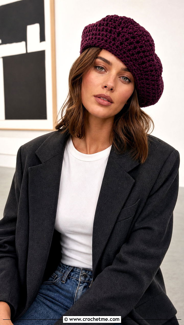 Crochet Beret With Blazer And Jeans - 35 cute crochet hat outfit ideas