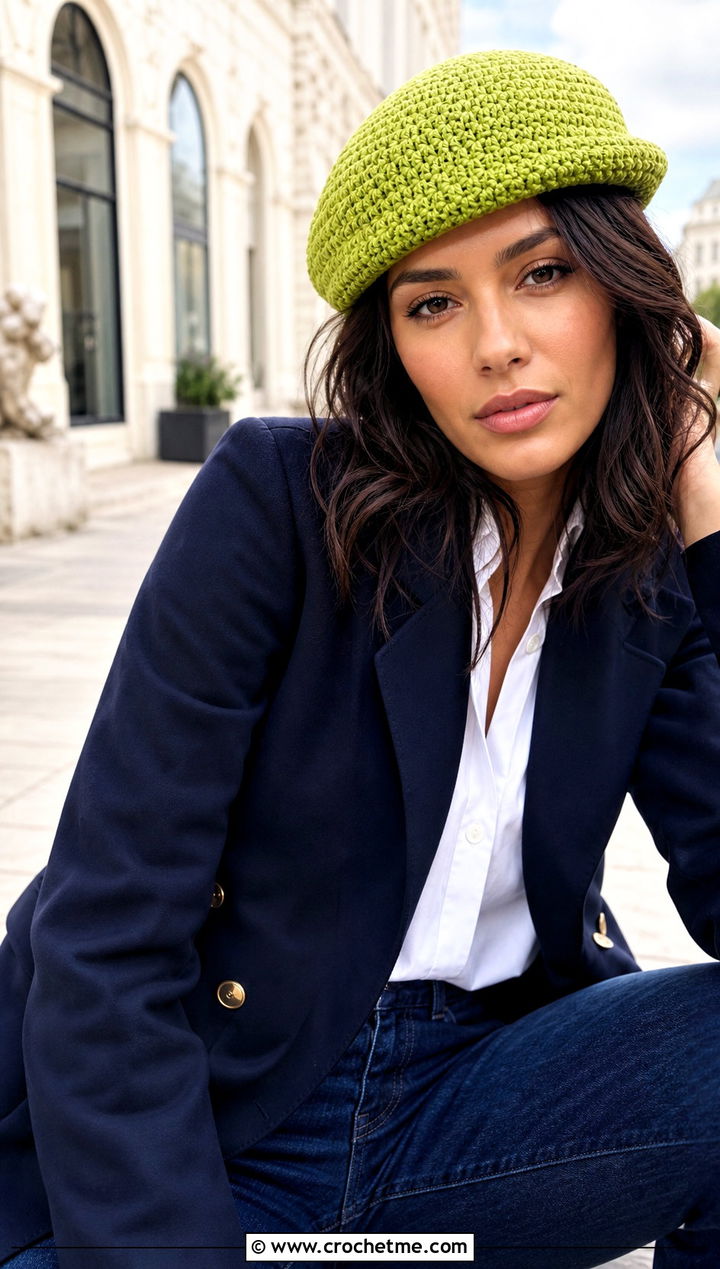 Crochet Beret With Blazer And Jeans - 35 one piece crochet hat outfit ideas