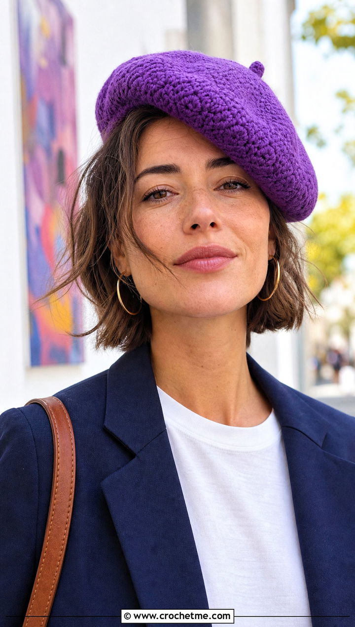 Crochet Beret With Blazer And Jeans - 20 Best Crochet Hat outfit ideas