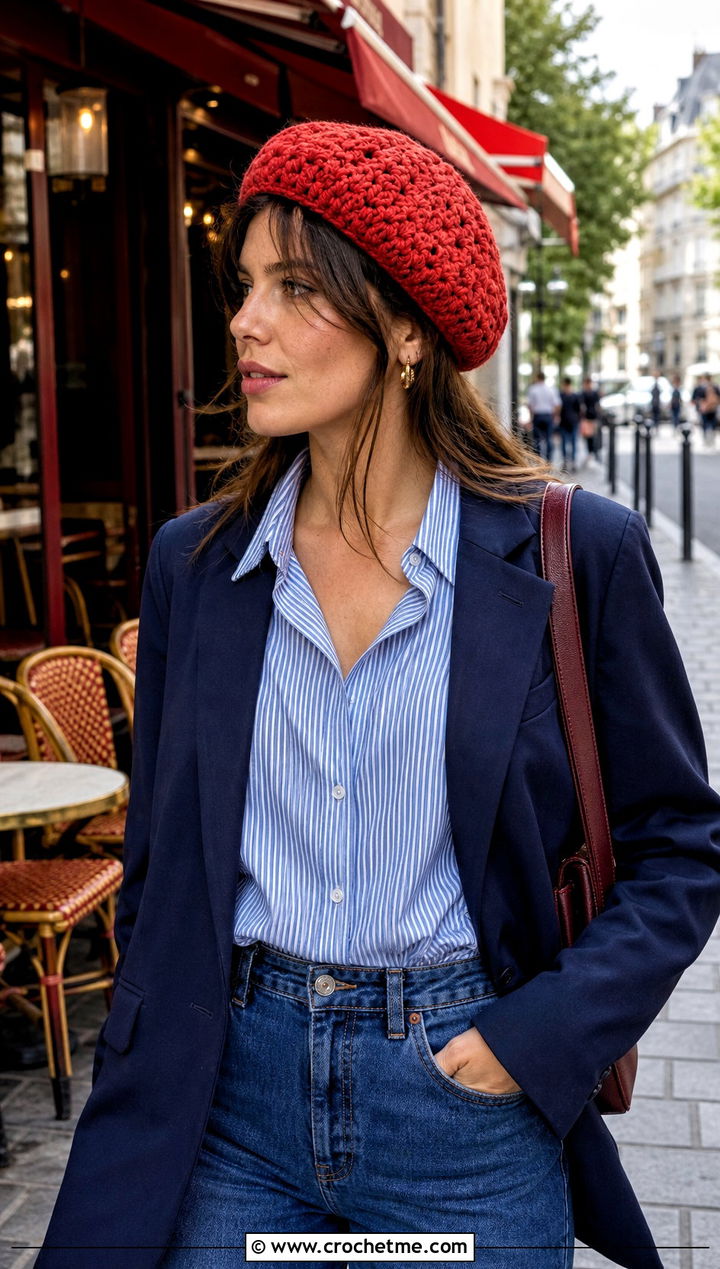 Crochet Beret With Blazer And Jeans Outfit - 15 Crochet Women's Hats outfit ideas