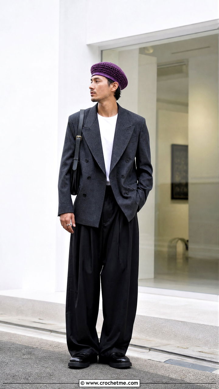 Crochet Beret With Blazer And Loose Trousers - 35 crochet hat for men outfit ideas