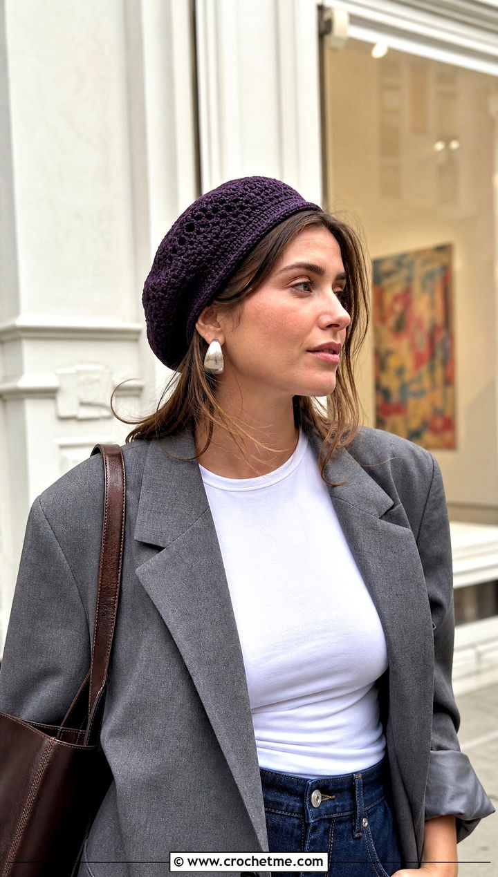 Crochet Beret With Blazer And Straight Leg Jeans - 15 Modern Crochet Hat outfit ideas