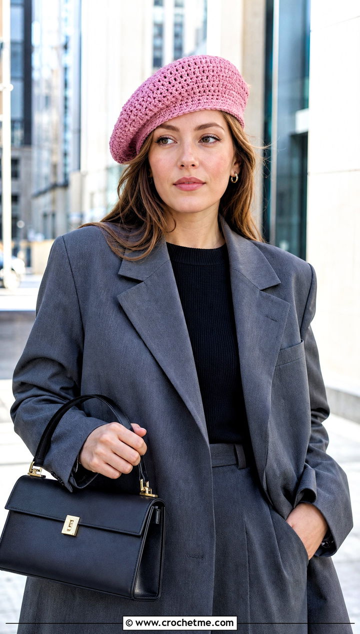 Crochet Beret With Blazer And Trousers - 30 winter crochet hats outfit ideas