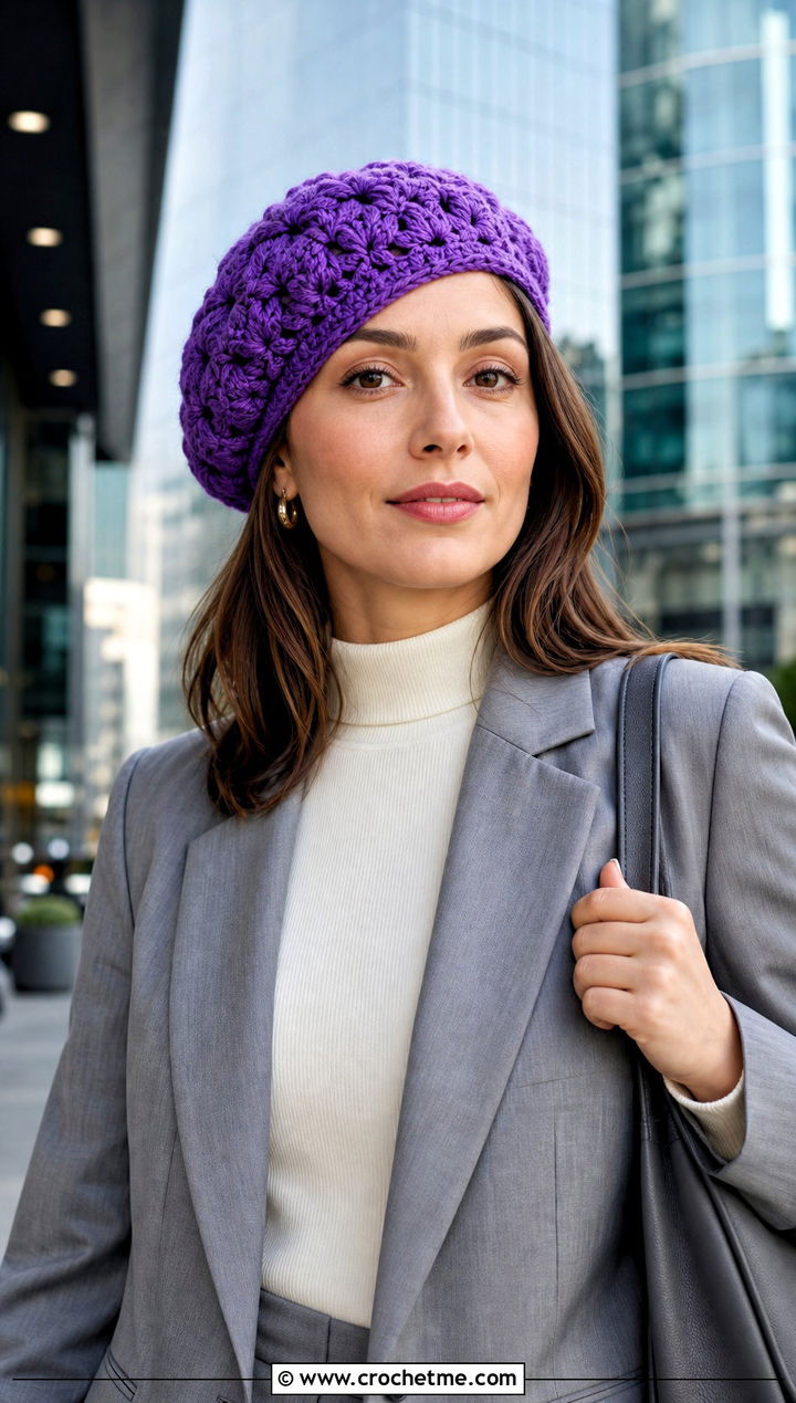 Crochet Beret With Blazer And Trousers - 15 Ladies Crochet Hat outfit ideas